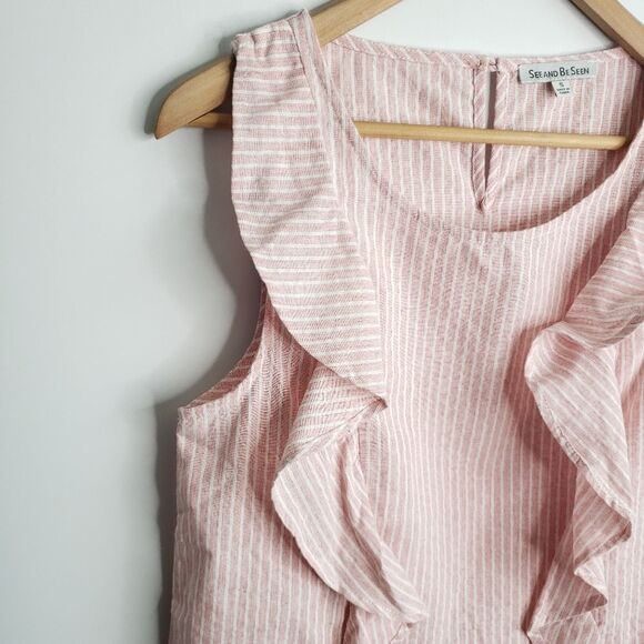 See And Be Seen Ruffle Striped Pink Top Blouse Sleeveless Cotton Career NWT - Picture 3 of 8